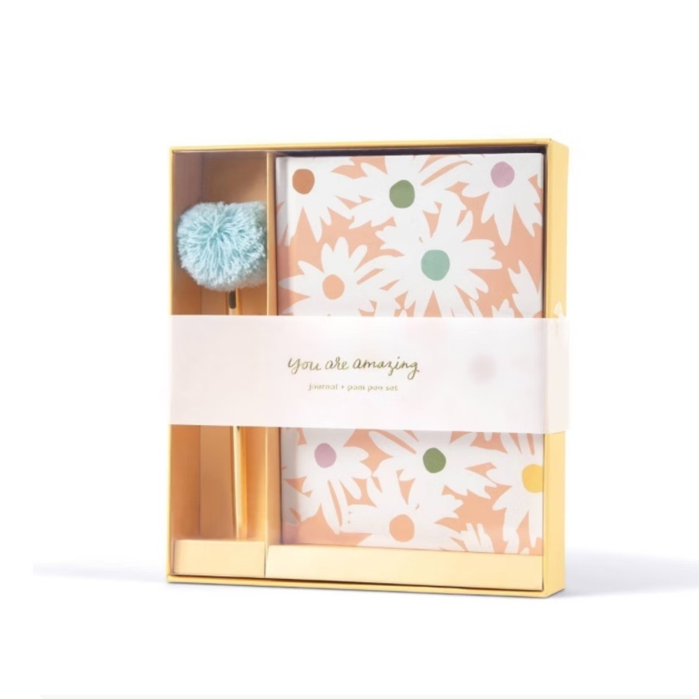 5”x7” Daisy Print Notebook and Pen Set with Pom Pom | Garven Hard Cover, 160 Pgs